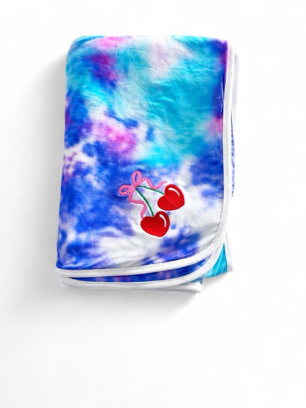 Tie-Dye Blanket soft pajama fabric embroidered Cherries - Blue/Purple